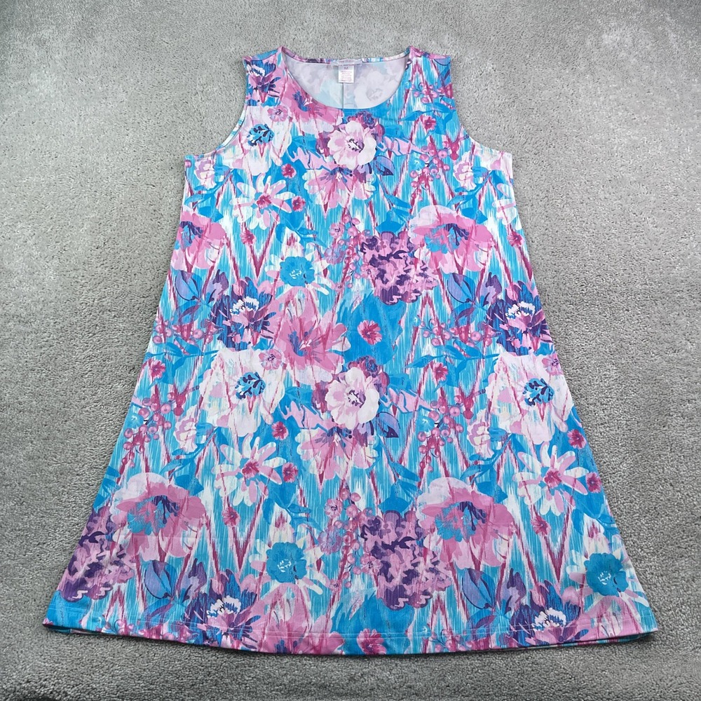 Stella Parker Dress Womens Medium Blue Pink Floral Sleeveless Stretch Cruise